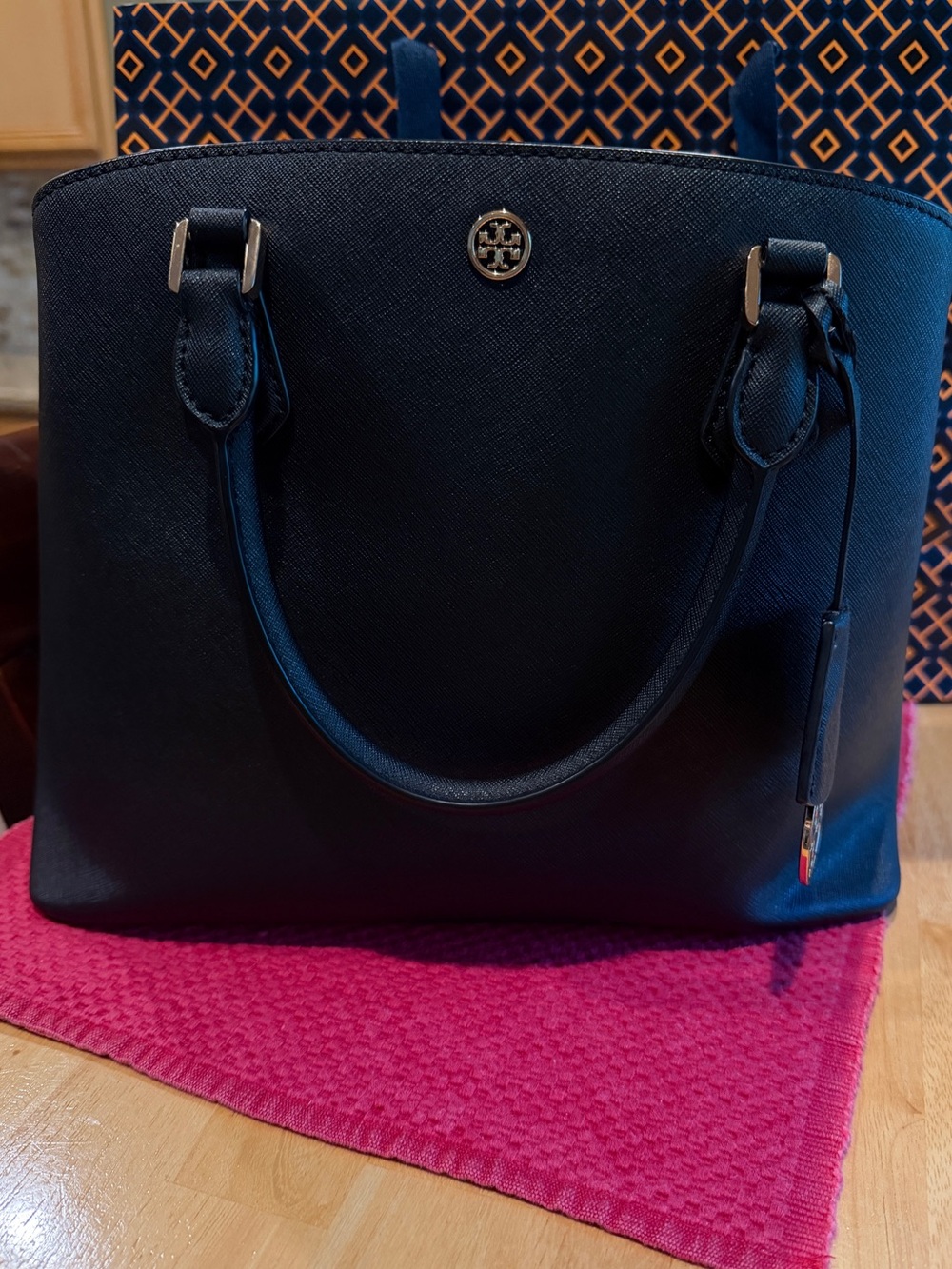 Tory Burch Robinson Medium Triple Compartment Black Leather Tote Bag